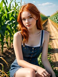 A sultry redhead 19 and petite poses by sun drenched fields of corn on a farm
